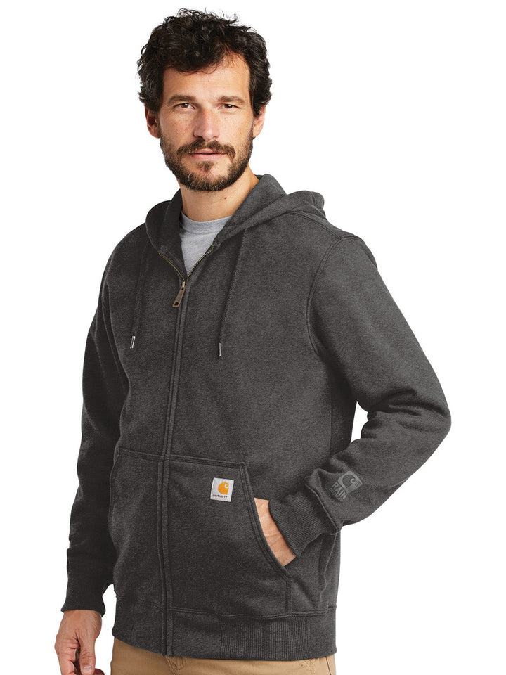 Custom Carhartt Rain Defender Paxton Heavyweight Zip Up Hoodie in dark gray, featuring a durable water-repellent finish and front pockets for workwear comfort.