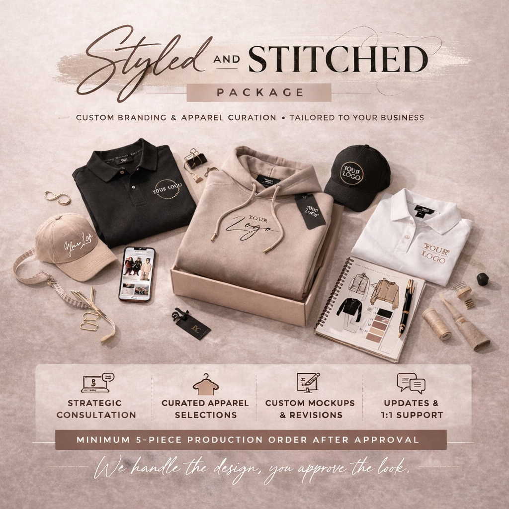 Promotional graphic for a branded apparel and packaging service with clothing items and promotional materials.