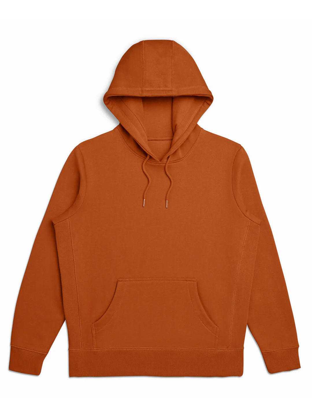 Rust-colored Original Favorites Heavyweight Hoodie with a minimalist design. Features a front pocket and ribbed cuffs, made from organic cotton.