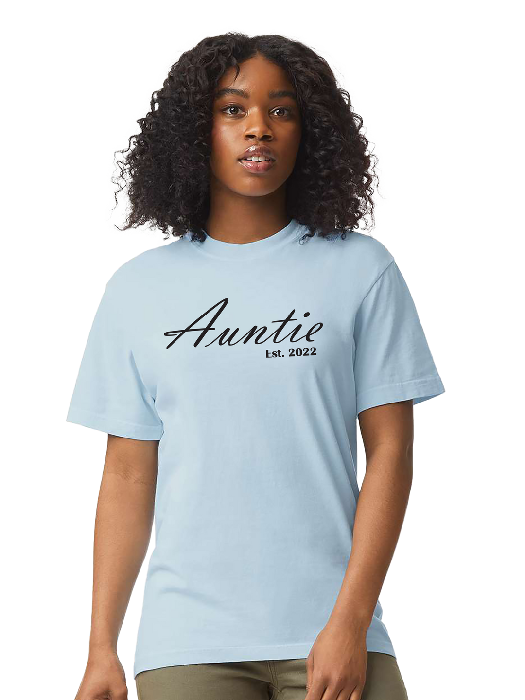 Light blue Comfort Colors Auntie T-Shirt with 'Auntie Est. 2022' design. A perfect favorite aunt shirt from Kavy's Customs.