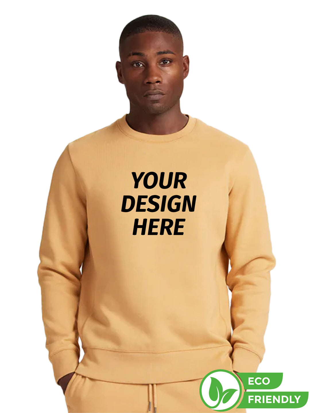 Custom Original Favorites crewneck sweatshirt in tan with 'Your Design Here' text. Eco-friendly heavyweight fabric, perfect for personalized branding.