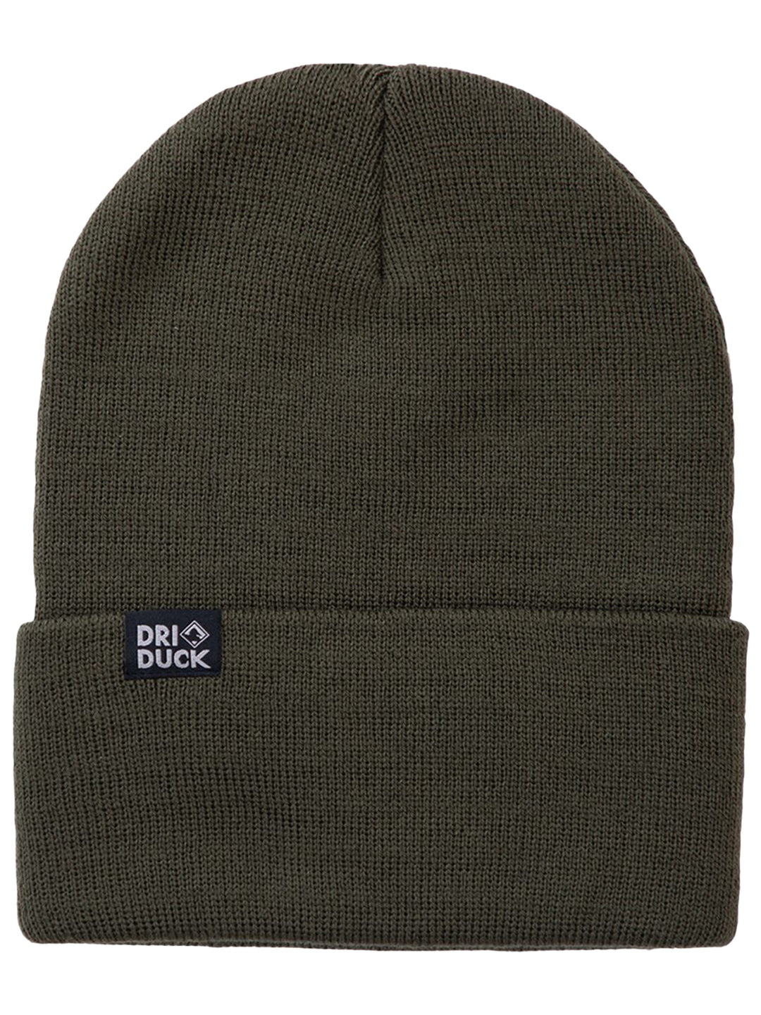 Custom DRI DUCK Coleman Cuffed Beanie in olive green, featuring a thick knit and fold-over cuff. Ideal for outdoor activities or work with embroidery options.