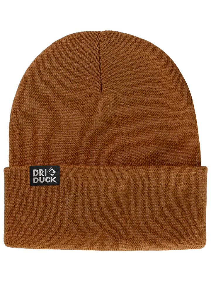 Custom DRI DUCK Coleman Cuffed Beanie in brown, featuring a thick knit and fold-over cuff. Ideal for outdoor work or casual wear with embroidery customization.