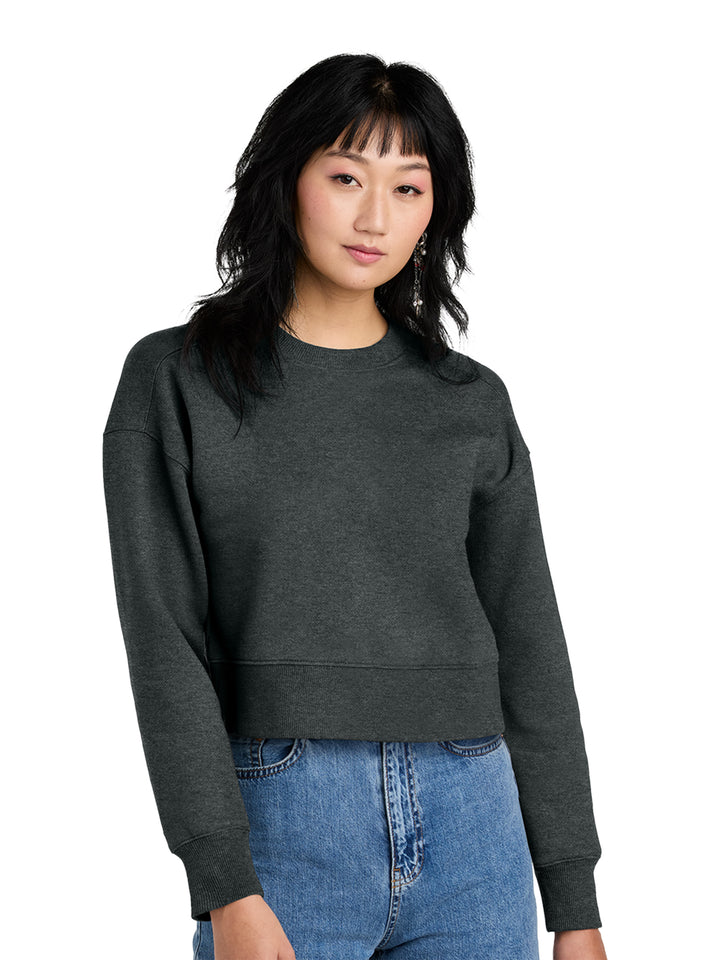 District Women's Perfect Weight Fleece Cropped Crewneck in dark green, offering a stylish and comfortable fit with a soft fleece interior.