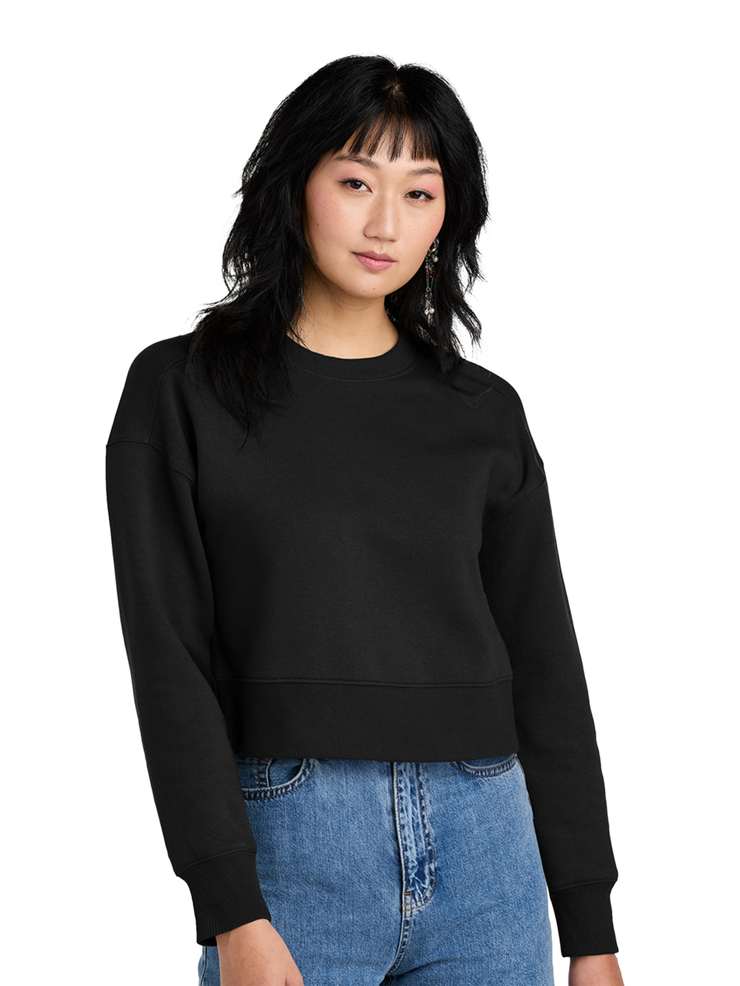 District Women's Perfect Weight Fleece Cropped Crewneck in black, featuring a classic crewneck design and cropped silhouette for a modern style.