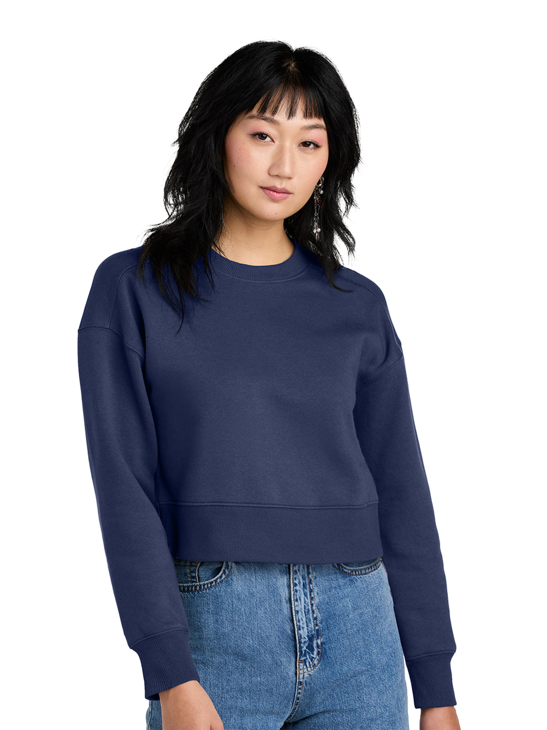 District Women's Perfect Weight Fleece Cropped Crewneck in navy blue, a versatile and comfortable sweatshirt with a soft fleece lining.