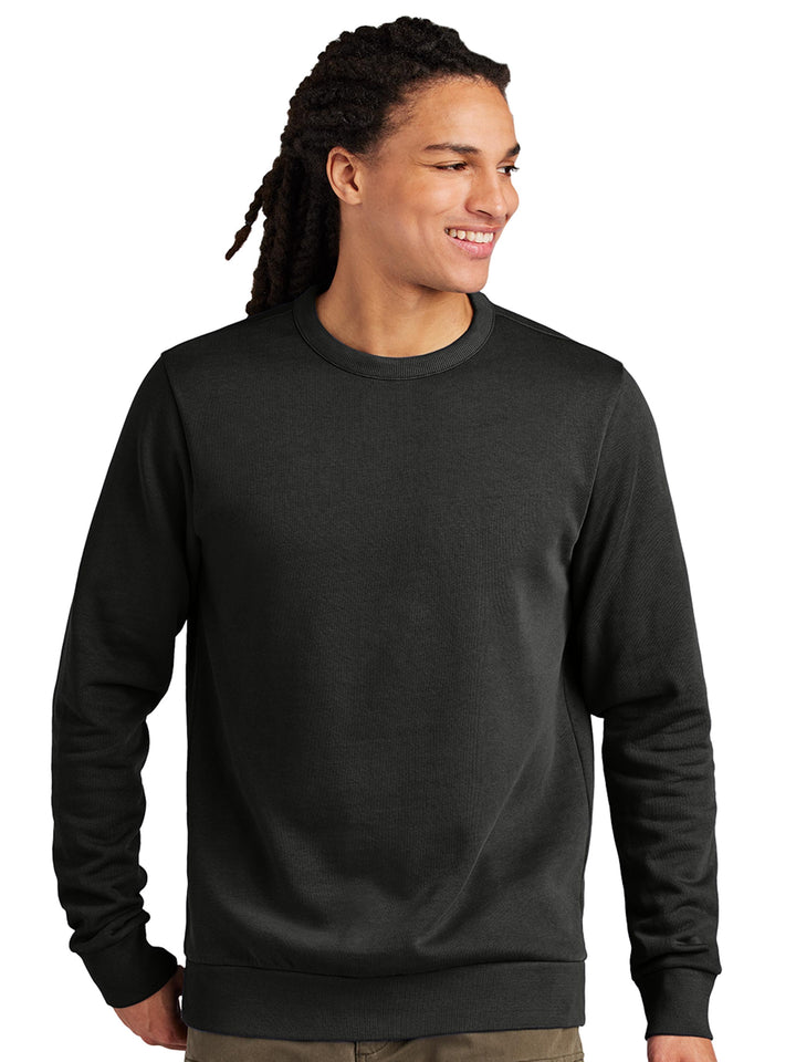 Custom District Wash Fleece Crewneck in black. Classic crewneck sweatshirt with a thick, cozy feel for a stylish casual look.