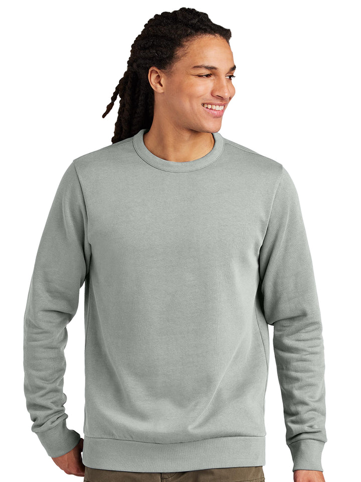 Custom District Wash Fleece Crewneck in light gray. Soft and eco-friendly fleece sweatshirt, ideal for custom branding or casual wear.