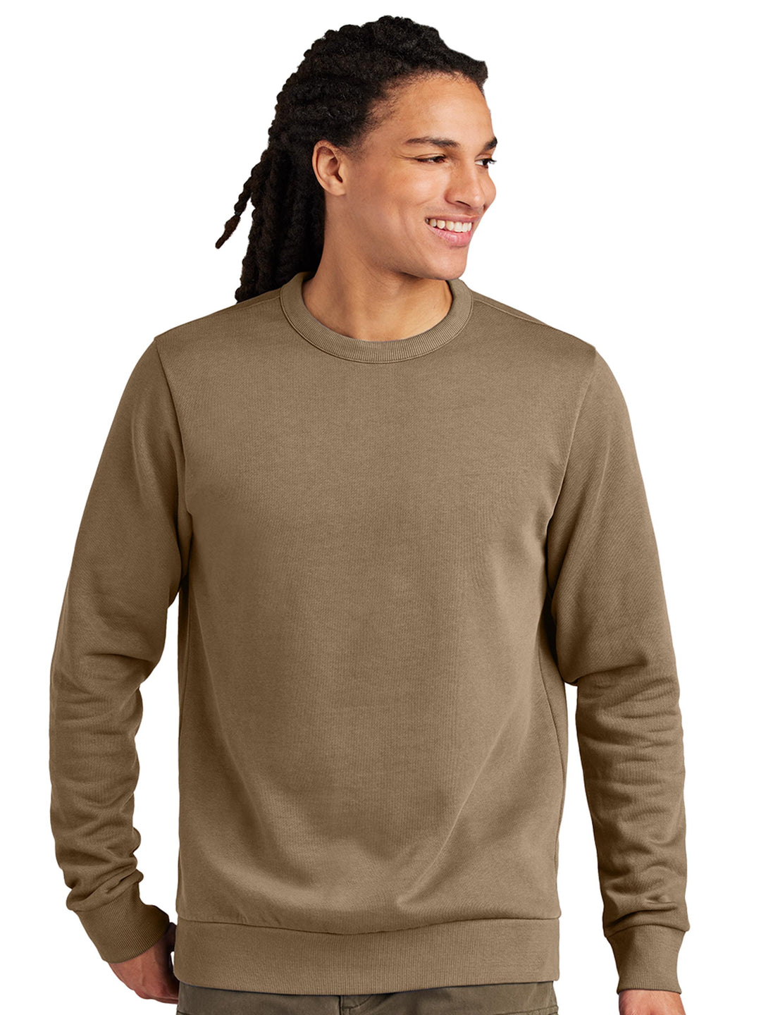 Custom District Wash Fleece Crewneck in khaki. Soft and heavyweight fleece sweatshirt designed for comfort and personalization.