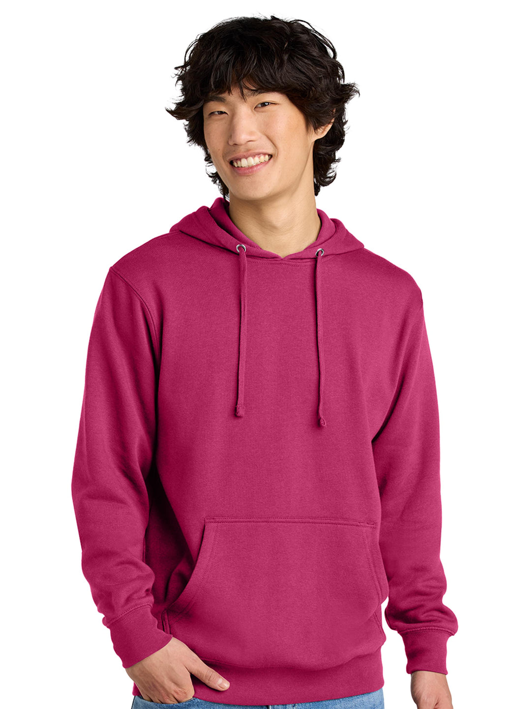 Bright pink hoodie with a soft fabric and adjustable drawstring hood. A vibrant and cozy option for casual wear.