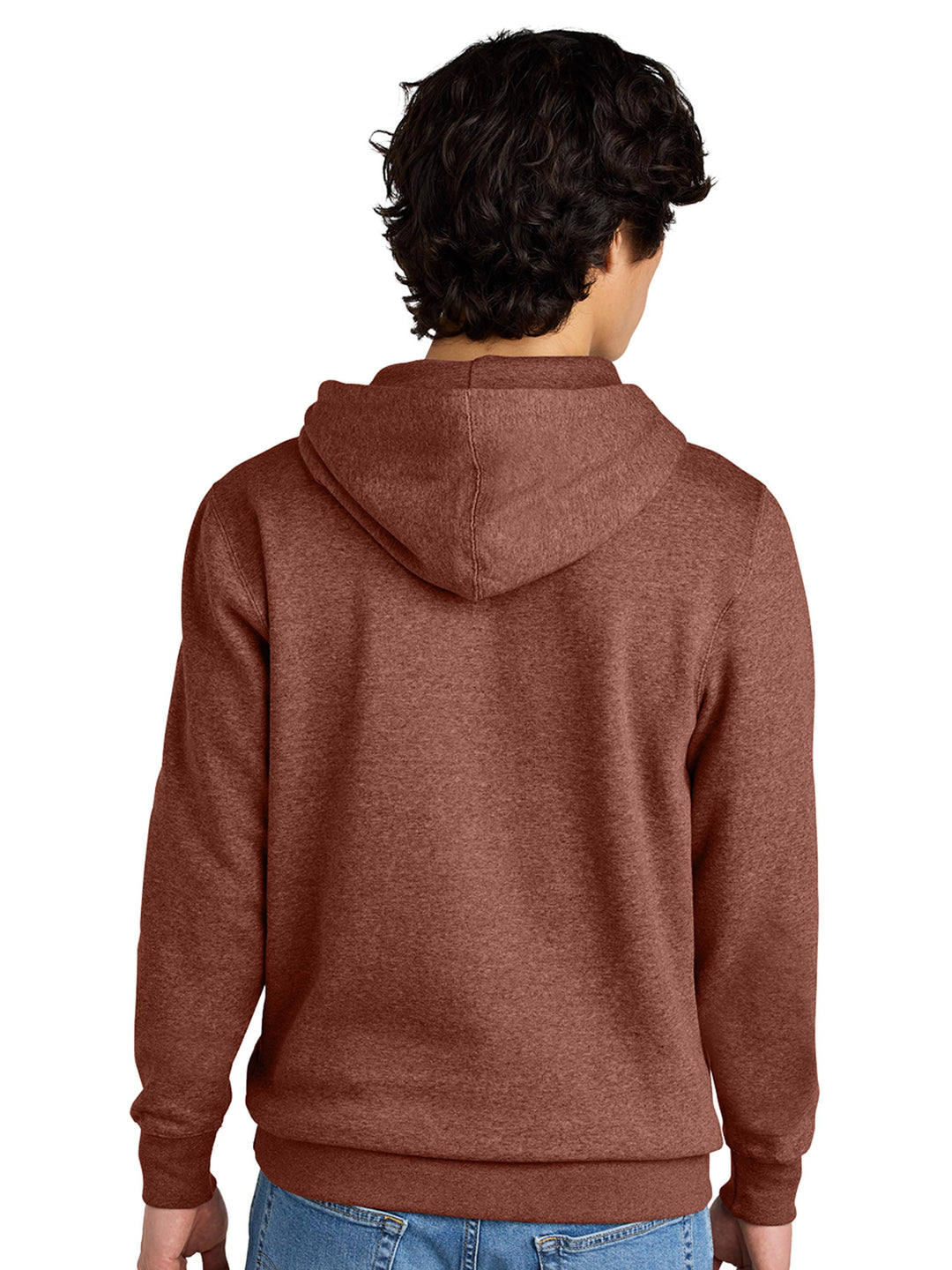 Back view of a rust-colored hoodie with a hood and relaxed fit. A warm and stylish option for layering.