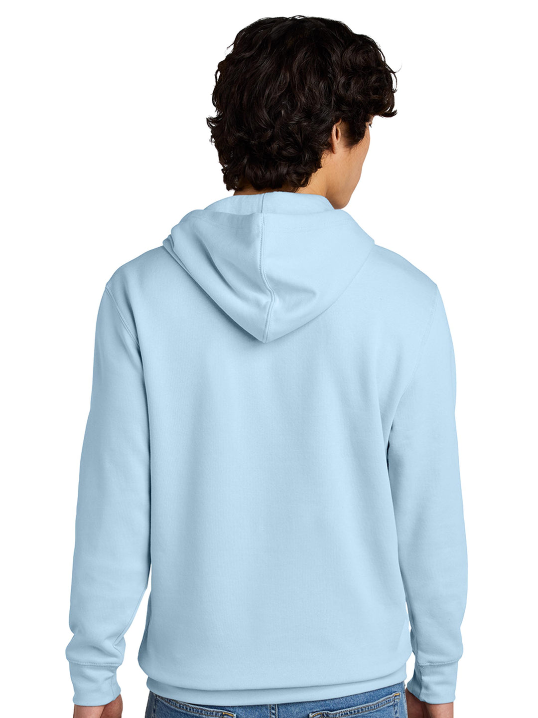 Back view of a light blue hoodie with a hood and relaxed fit. A versatile and comfortable option for layering.