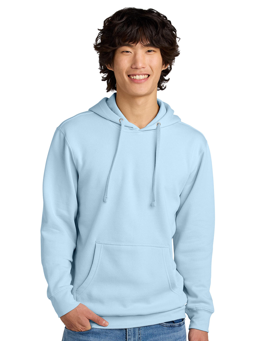 Light blue plain hoodie with a classic pullover design and front pocket. Ideal for customization or casual everyday wear.