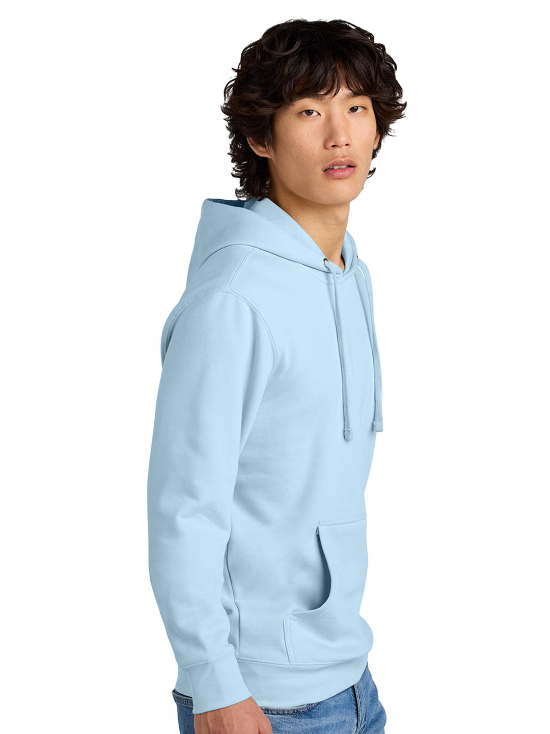 Side view of a light blue hoodie with a drawstring hood and kangaroo pocket. A stylish and cozy choice for any occasion.