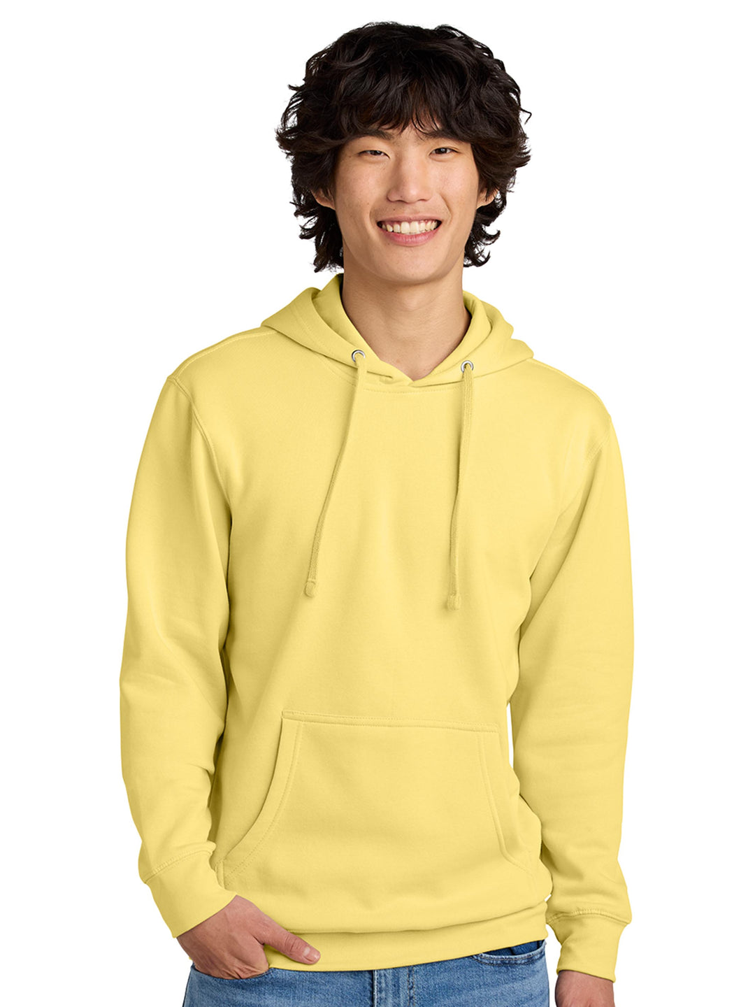 Pastel yellow hoodie with a soft fabric and relaxed fit. A stylish and cozy option for casual wear.