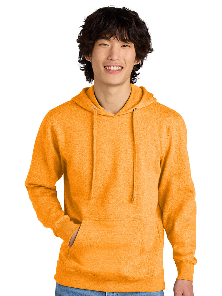 Heather orange hoodie with a front pocket and adjustable drawstring hood. A vibrant and comfortable sweatshirt for any occasion.