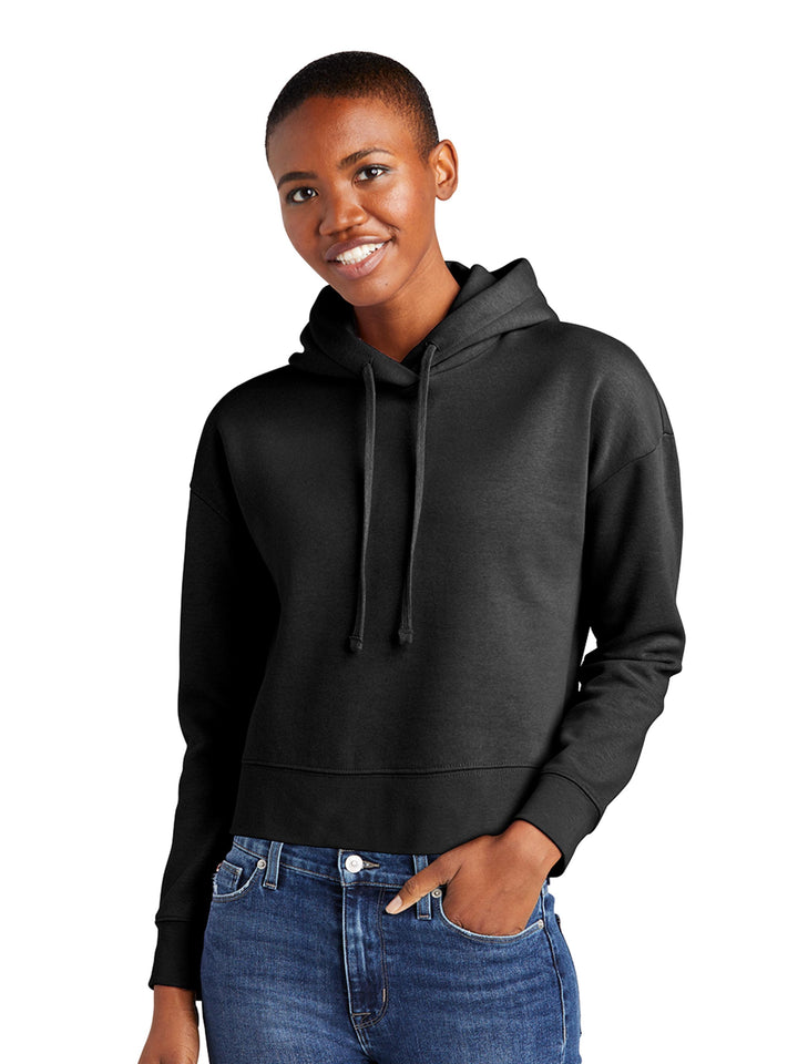 Classic black District Women's V.I.T. Fleece Cropped Hoodie with a relaxed fit, ideal for layering and everyday wear.