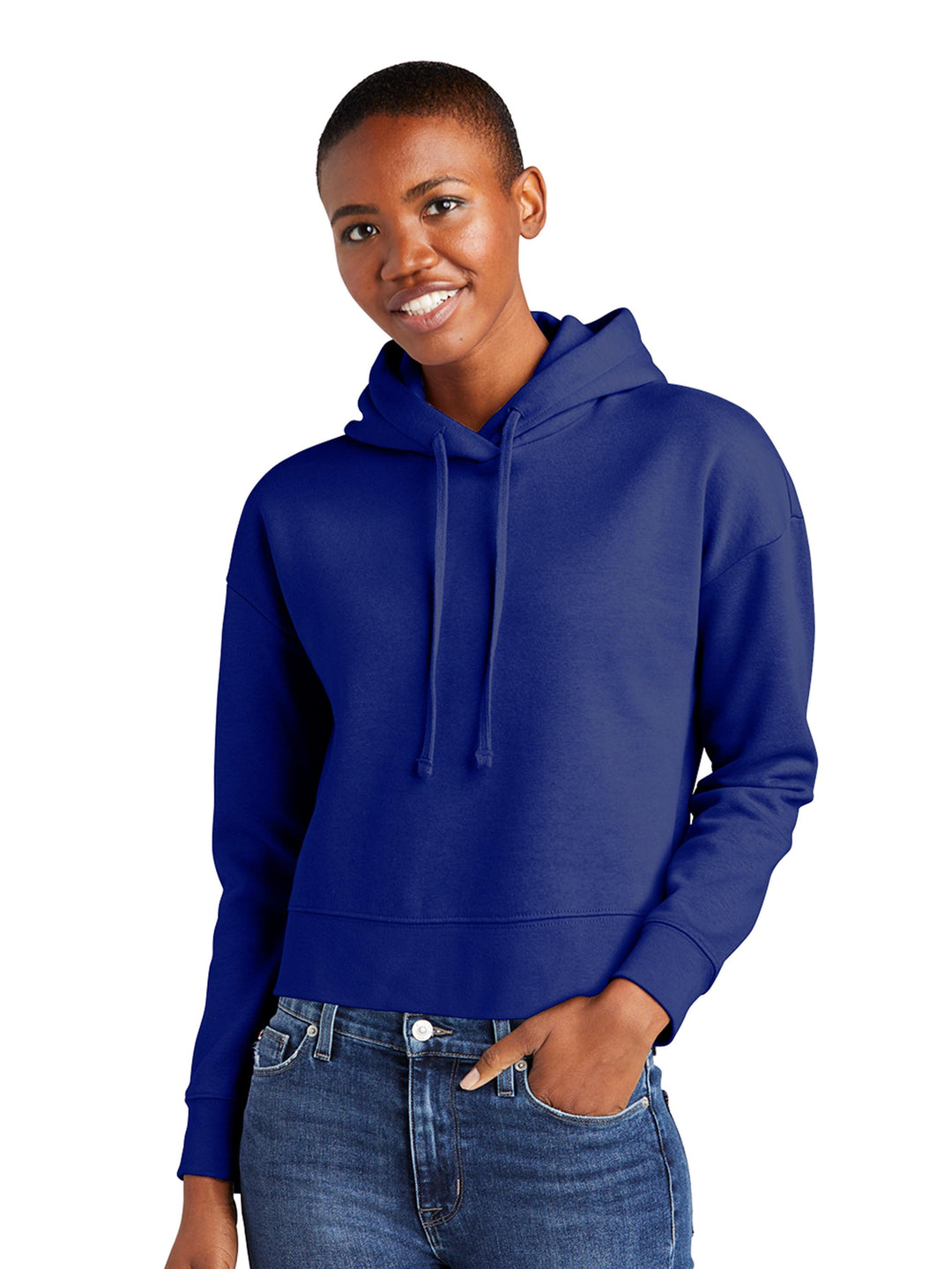 Royal blue District Women's V.I.T. Fleece Cropped Hoodie with a relaxed fit, great for layering and casual styling.