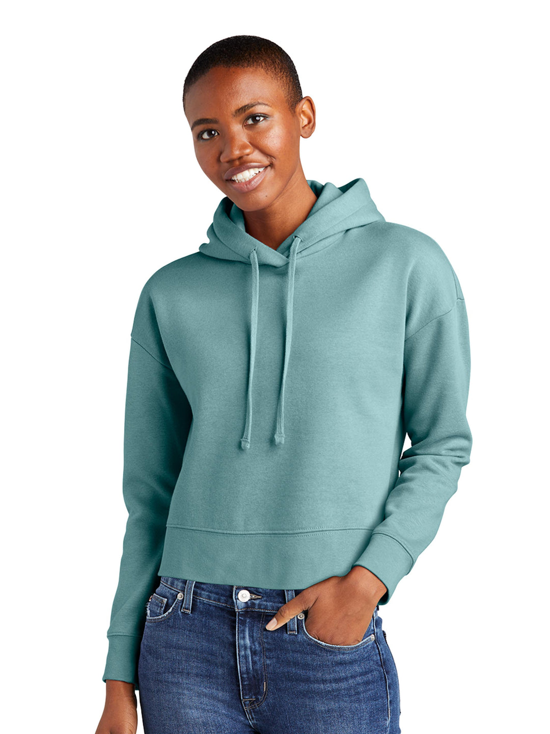 Teal green District Women's V.I.T. Fleece Cropped Hoodie with a cozy fleece lining, perfect for layering in cooler weather.