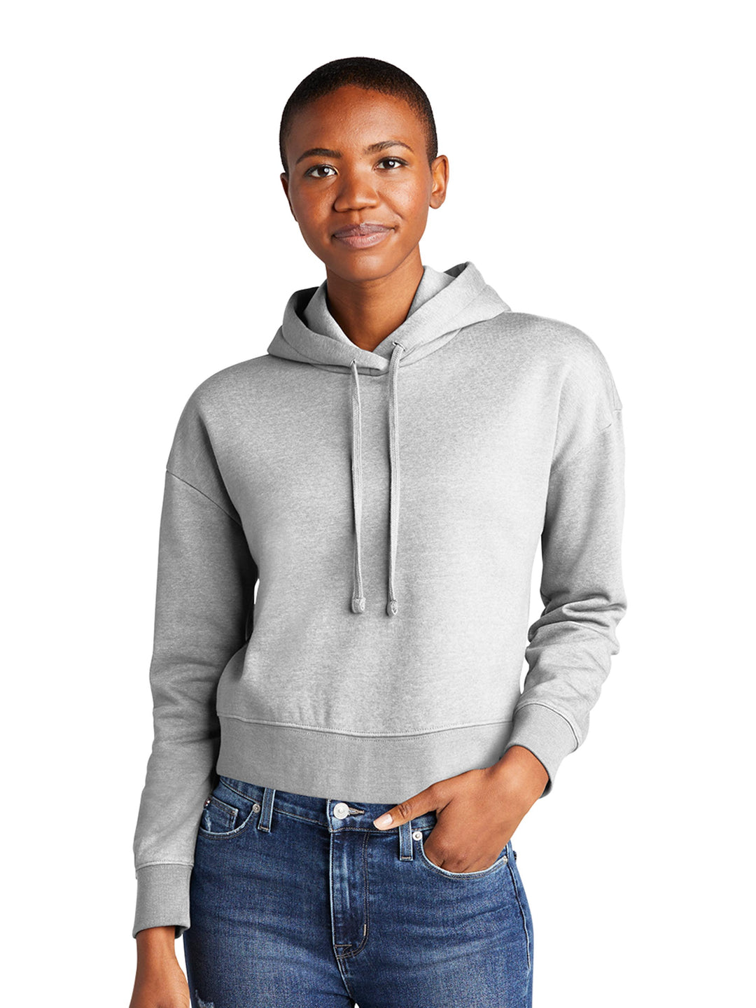 Heather gray District Women's V.I.T. Fleece Cropped Hoodie with a relaxed cropped fit, ideal for casual and sporty looks.