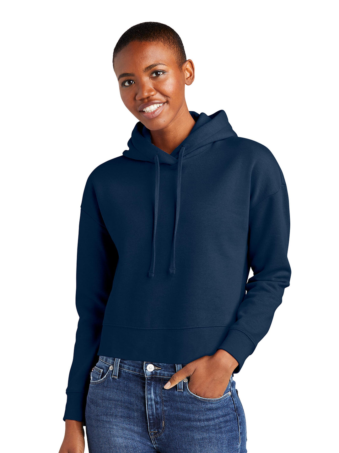 Navy blue District Women's V.I.T. Fleece Cropped Hoodie, a versatile and stylish choice for everyday comfort.