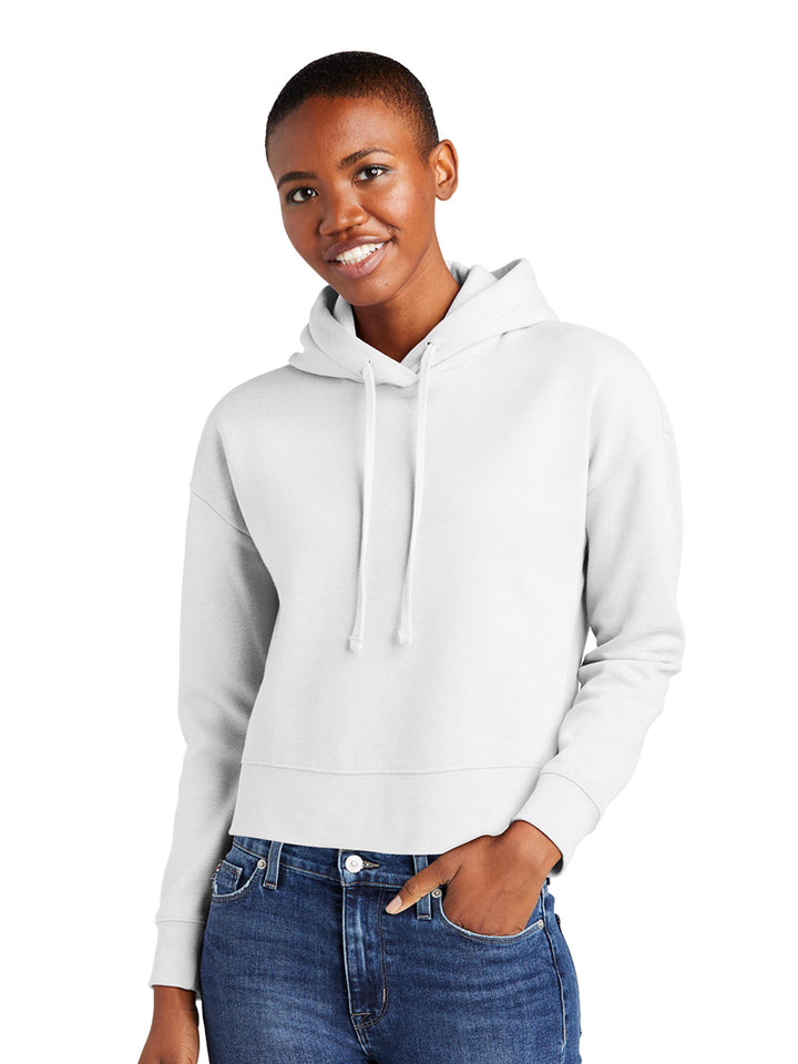 Bright white District Women's V.I.T. Fleece Cropped Hoodie with a soft fleece interior, perfect for a clean and stylish look.