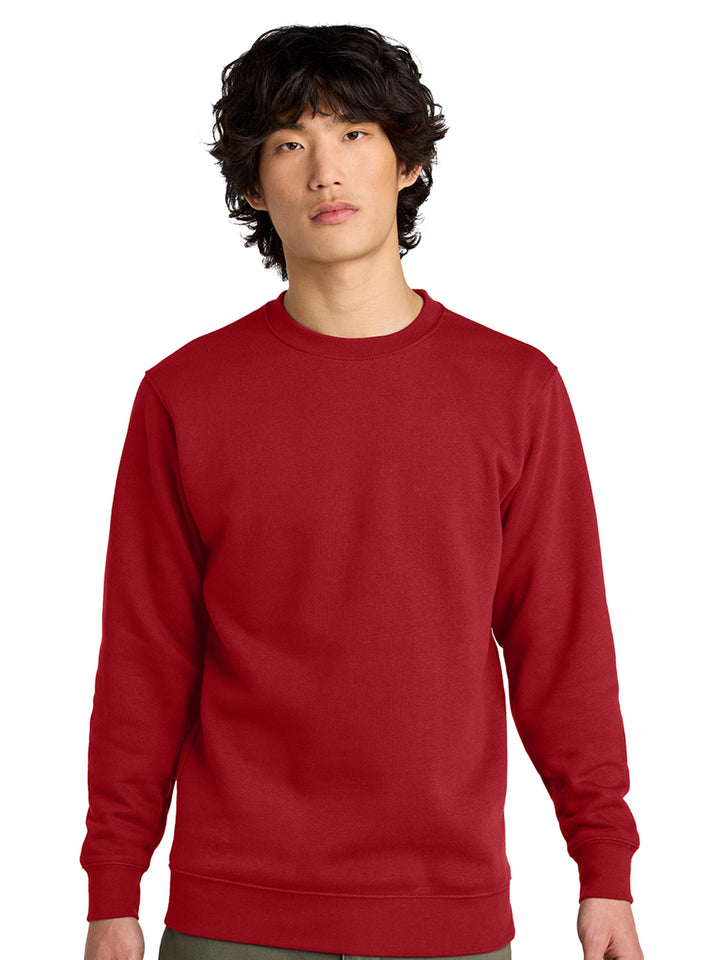 Front view of a red Porsche 911 sweatshirt. Classic crewneck design with a customizable car embroidery.