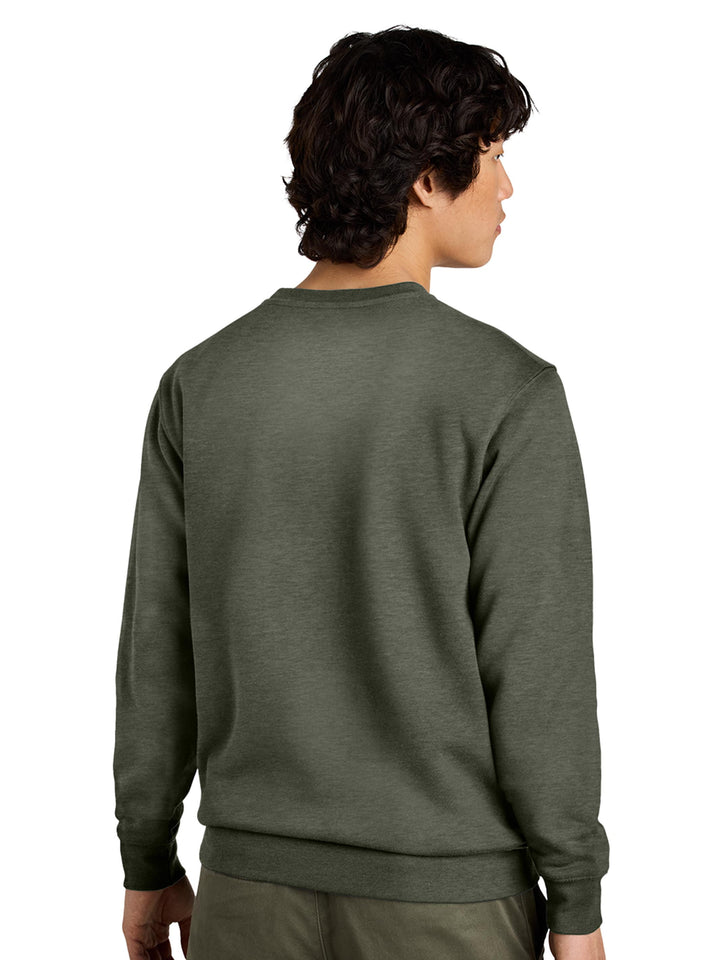 Back view of an olive green Porsche 911 sweatshirt. Classic crewneck design with a soft fabric blend.