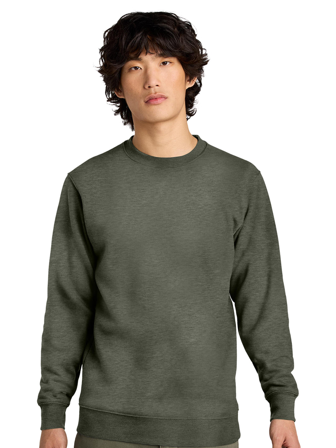 Front view of an olive green Porsche 911 sweatshirt. Customizable car embroidery on a premium crewneck.