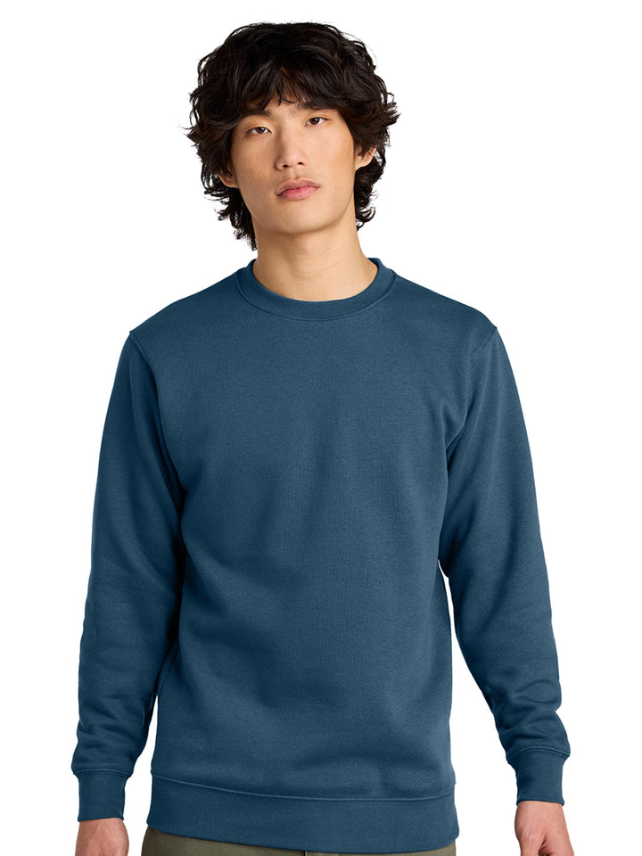 Front view of a deep blue Porsche 911 sweatshirt. Customizable car embroidery on a premium crewneck.