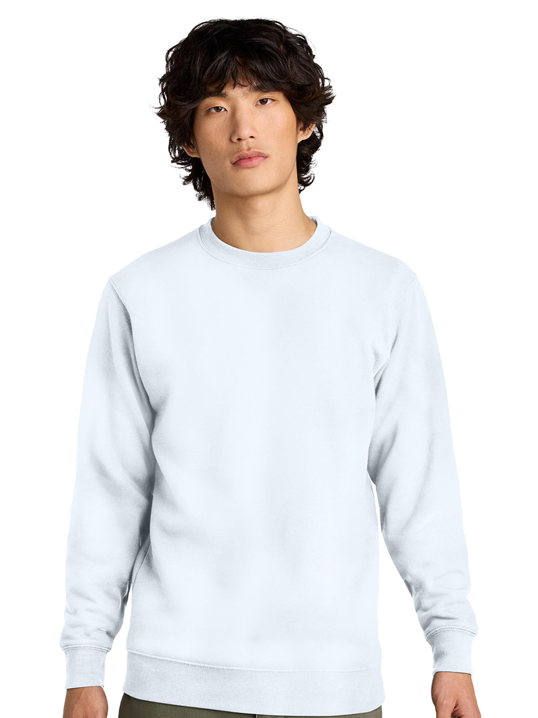 Front view of a white Porsche 911 sweatshirt. Customizable embroidery on a high-quality crewneck.