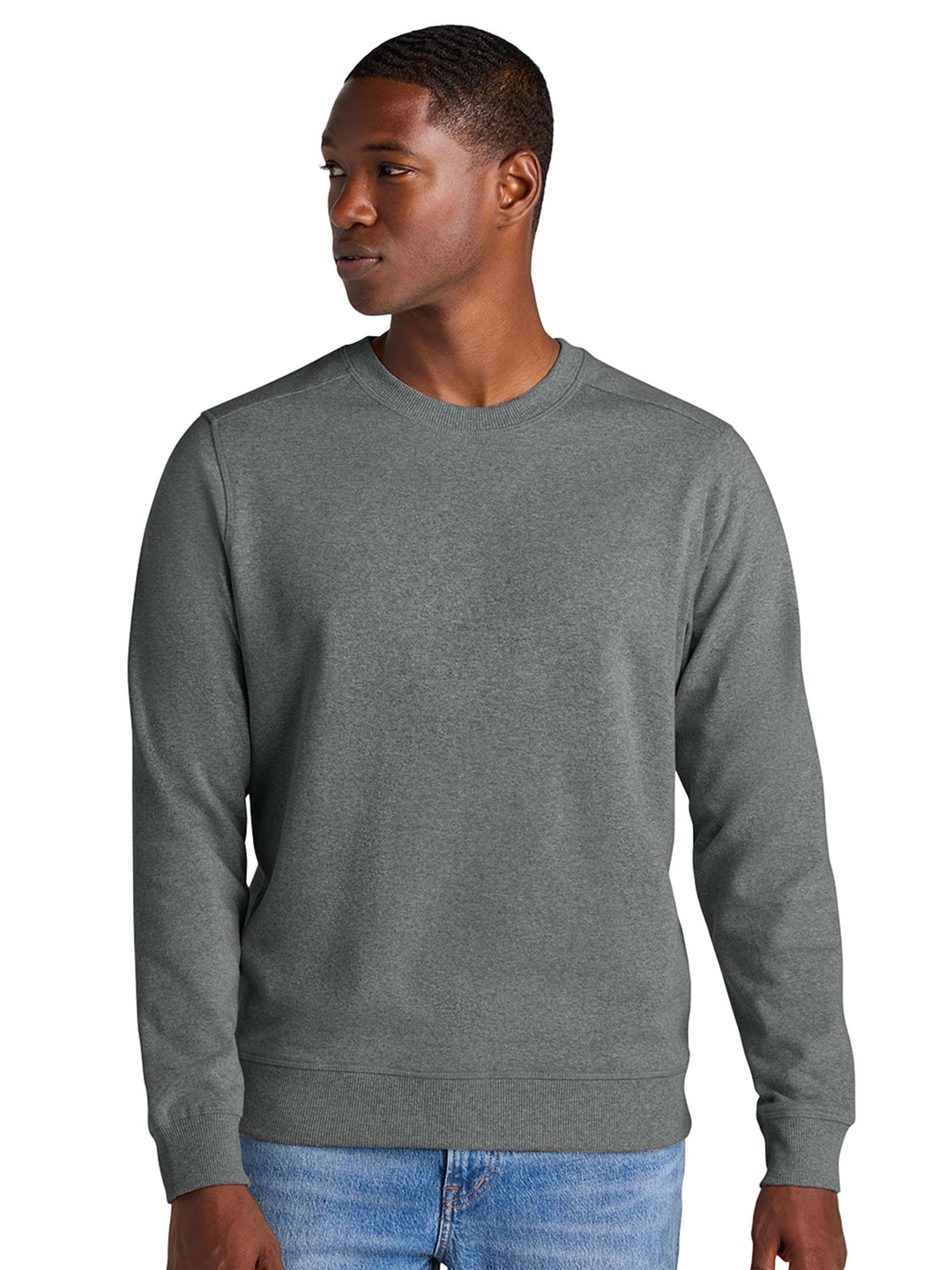 District Re-Fleece Custom Crewneck in heather gray, crafted from 100% recycled fabric for a sustainable and stylish everyday look.