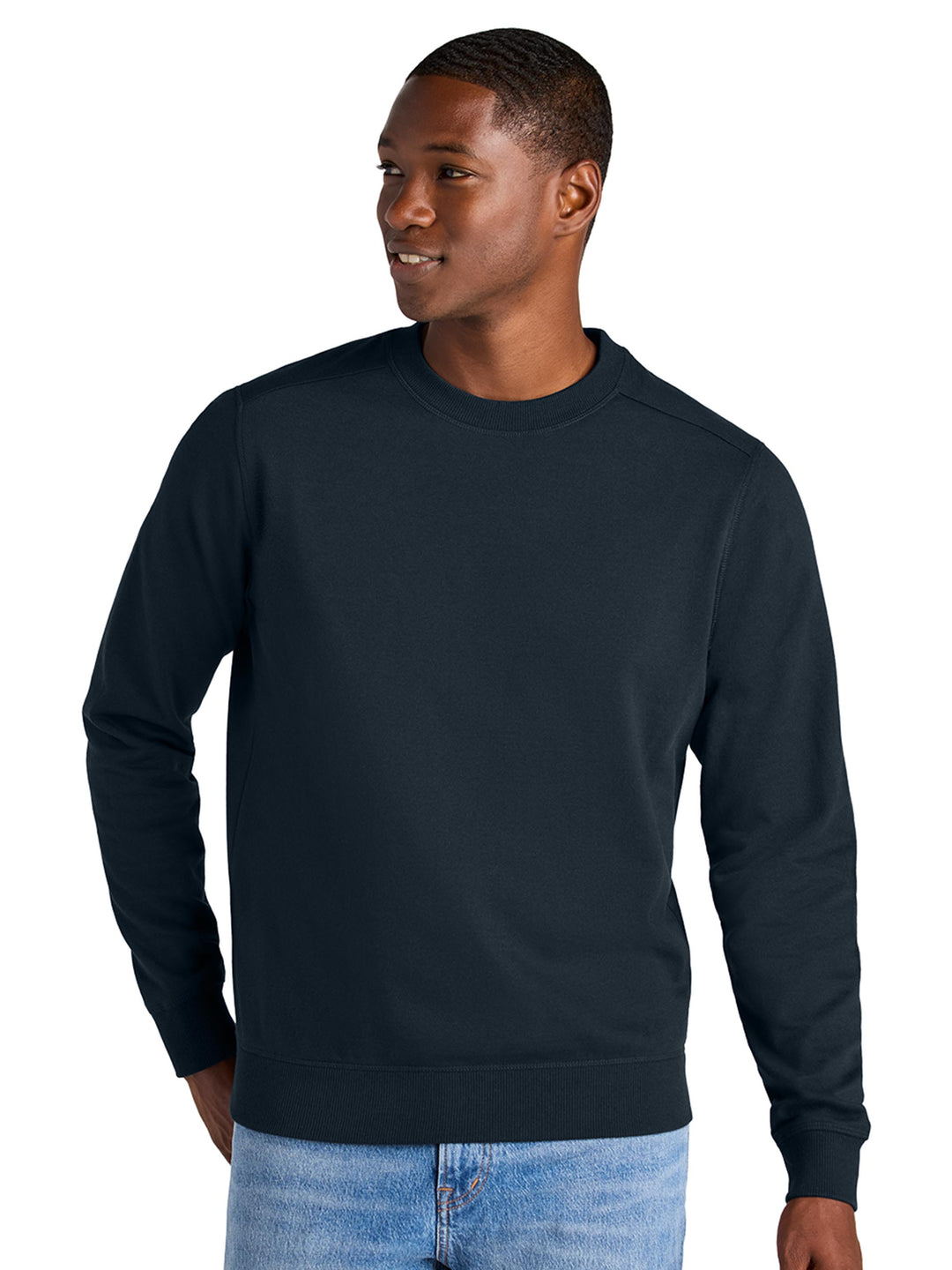 District Re-Fleece Custom Crewneck in deep black, designed with sustainable fleece fabric for a soft and environmentally friendly fit.