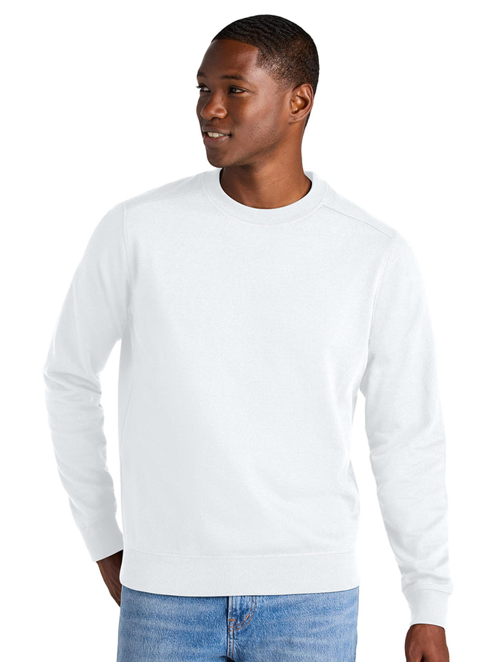 District Re-Fleece Custom Crewneck in white, made from 100% recycled fabric for a clean, sustainable, and stylish look.