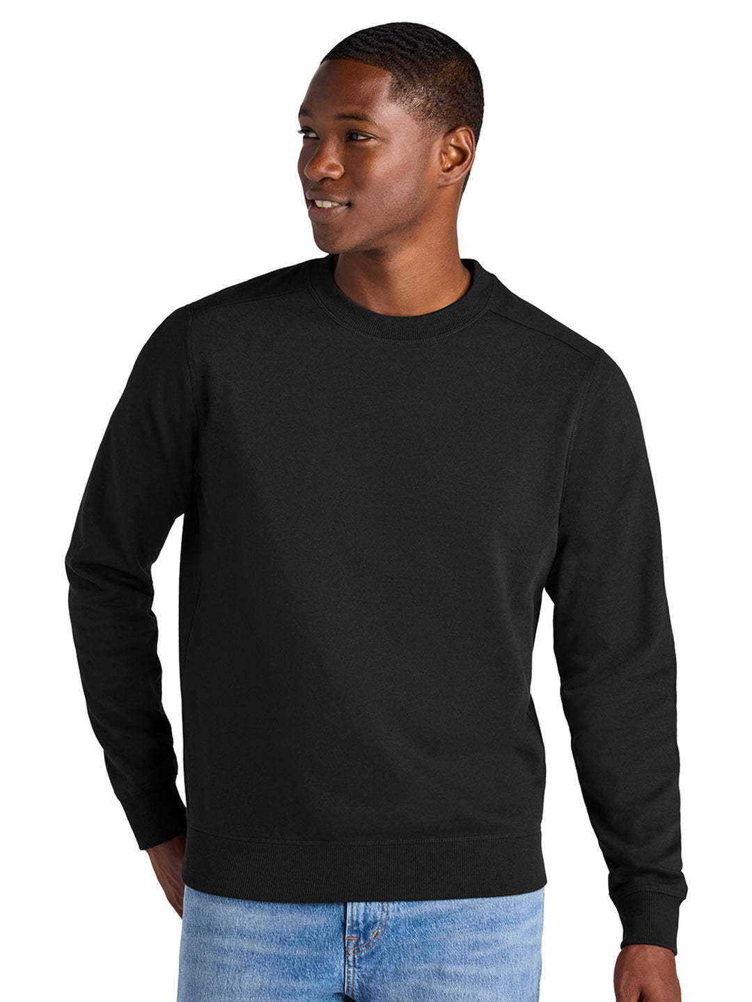 District Re-Fleece Custom Crewneck in black, featuring a classic crewneck design and eco-friendly fleece material for comfort and sustainability.