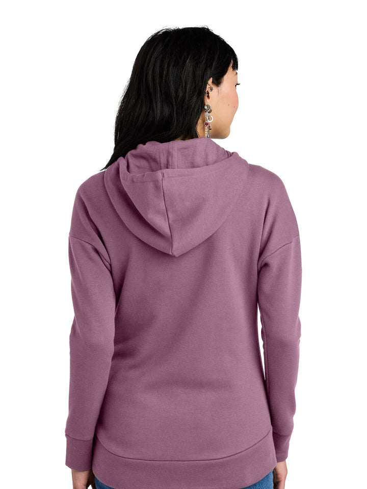 Back view of District Women’s Custom Fleece Zip-Up Hoodie in mauve, showcasing a soft fleece fabric and hood. Design your own at Kavy’s Customs.