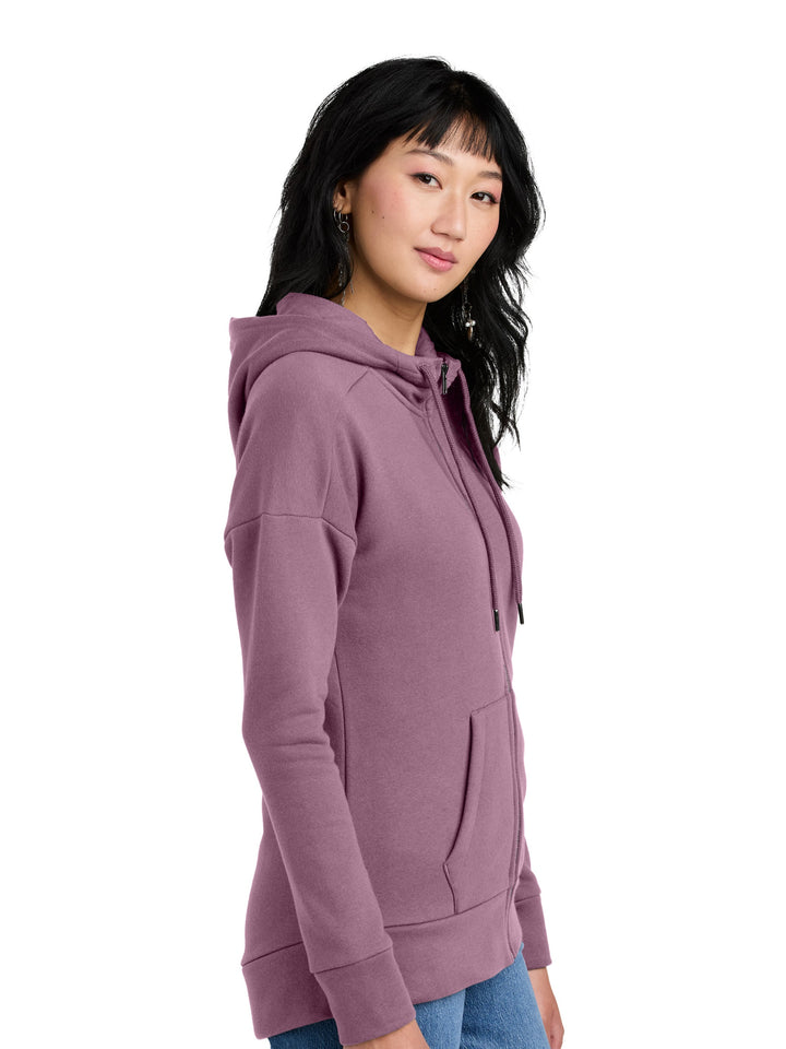 Side view of District Women’s Custom Fleece Zip-Up Hoodie in mauve, featuring a relaxed fit and adjustable hood. Customize yours at Kavy’s Customs.