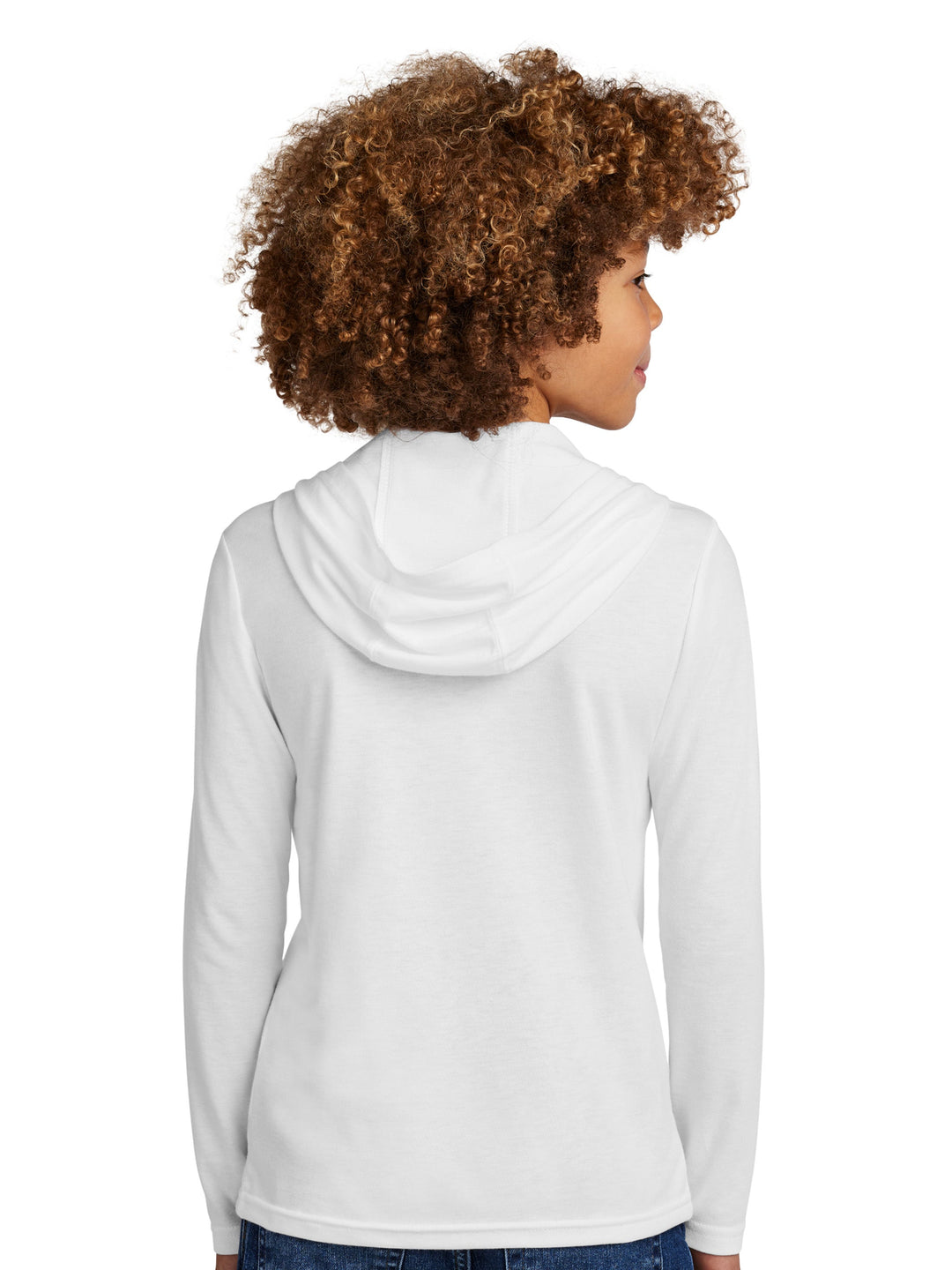 Back view of the Custom District Youth Perfect Tri® Long Sleeve Hoodie in white, highlighting the hood and smooth fabric for a stylish and cozy look.