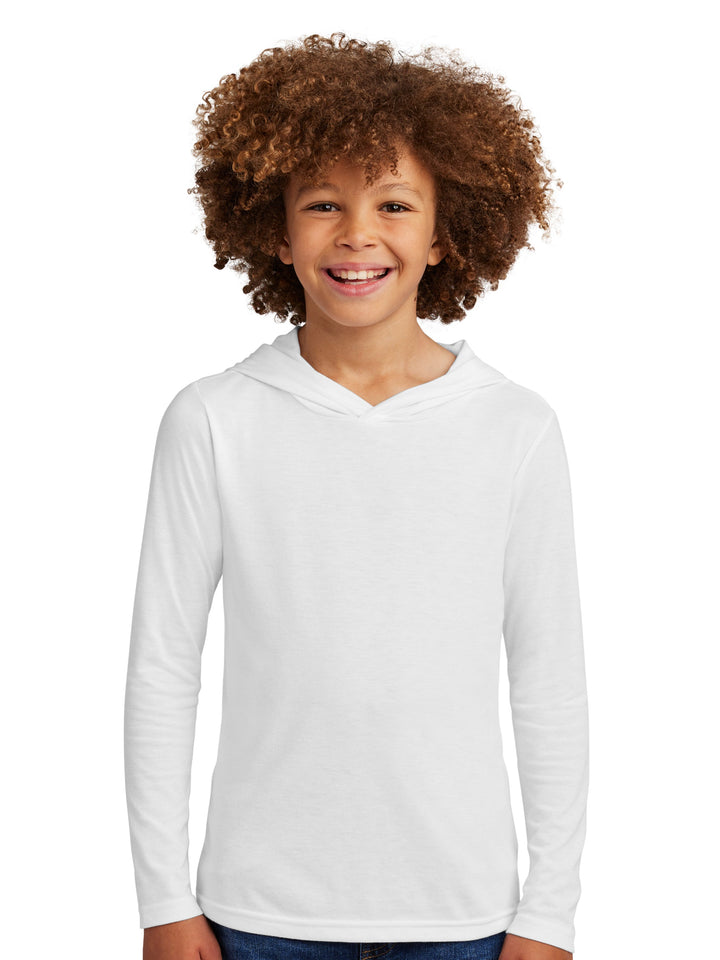 Custom District Youth Perfect Tri® Long Sleeve Hoodie in white, featuring a soft fabric blend for comfort. Ideal for everyday wear and team customization.