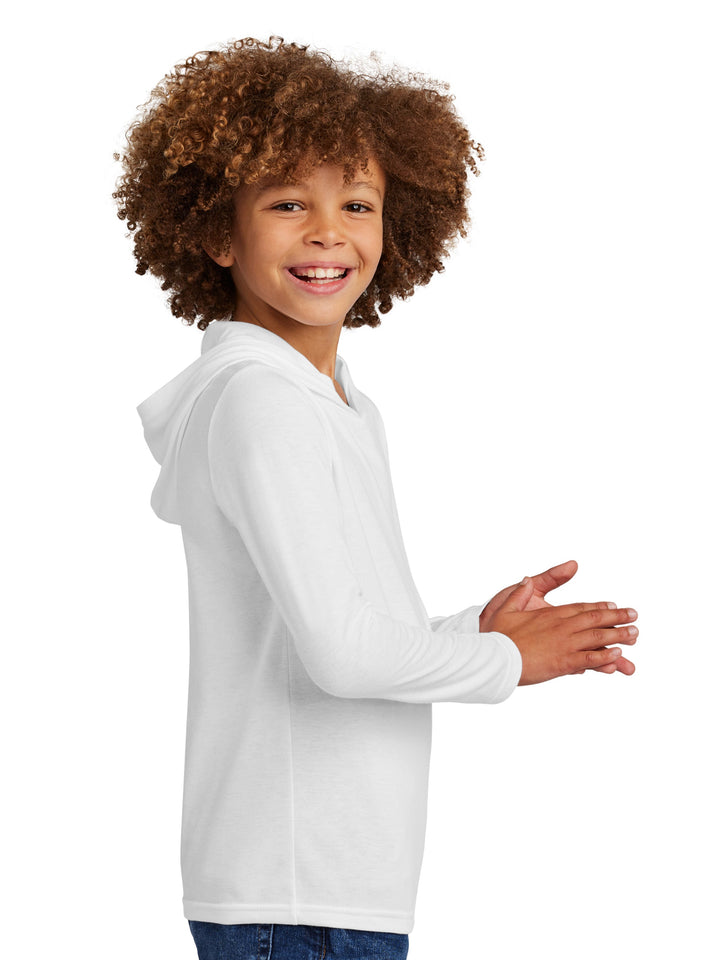 Side view of the Custom District Youth Perfect Tri® Long Sleeve Hoodie in white, showcasing its lightweight design and relaxed fit for active kids.