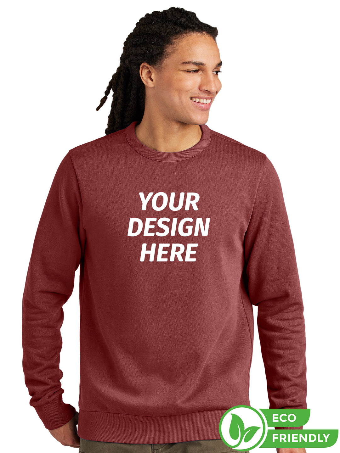 Custom District Wash Fleece Crewneck in red with 'Your Design Here' text. Eco-friendly, soft fleece fabric for a stylish and comfortable fit.