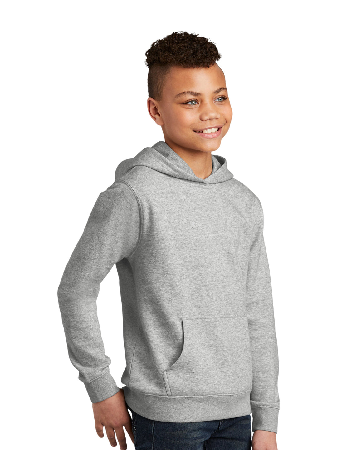 Side view of the District Youth V.I.T Fleece Hoodie in heather gray, showcasing its relaxed fit and cozy hood. Perfect for everyday comfort.