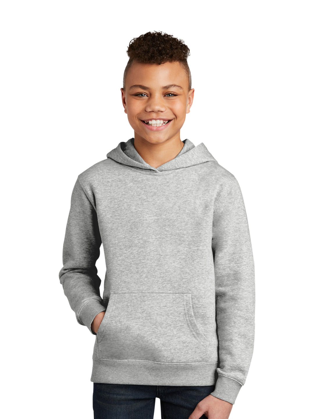 Front view of the District Youth V.I.T Fleece Hoodie in heather gray, featuring a kangaroo pocket and ribbed cuffs. A versatile and comfortable choice.