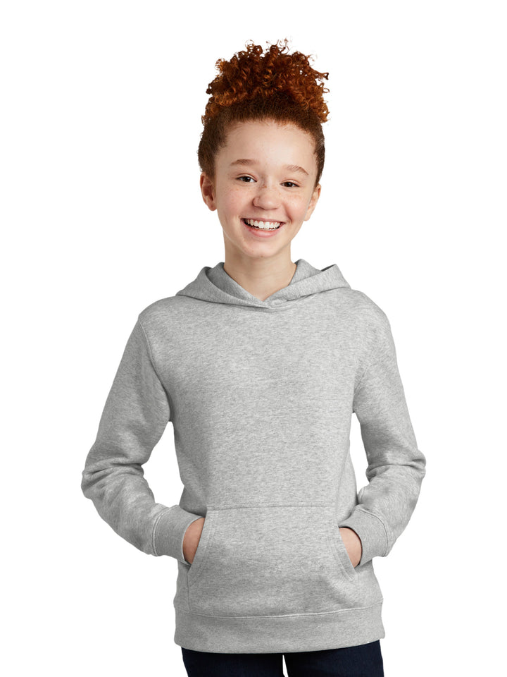 District Youth V.I.T Fleece Hoodie in heather gray, featuring a soft fabric and front pocket. Ideal for casual wear or customization with prints.