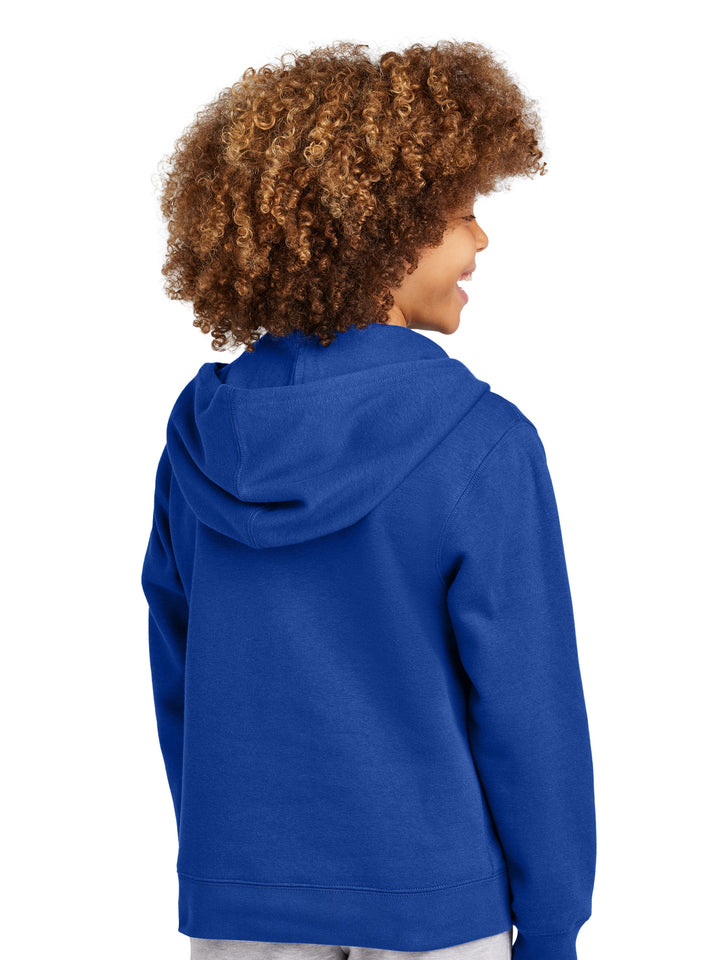 Back view of the District Youth V.I.T Fleece Zip Up Hoodie in royal blue, highlighting the hood and relaxed fit for everyday comfort and layering.