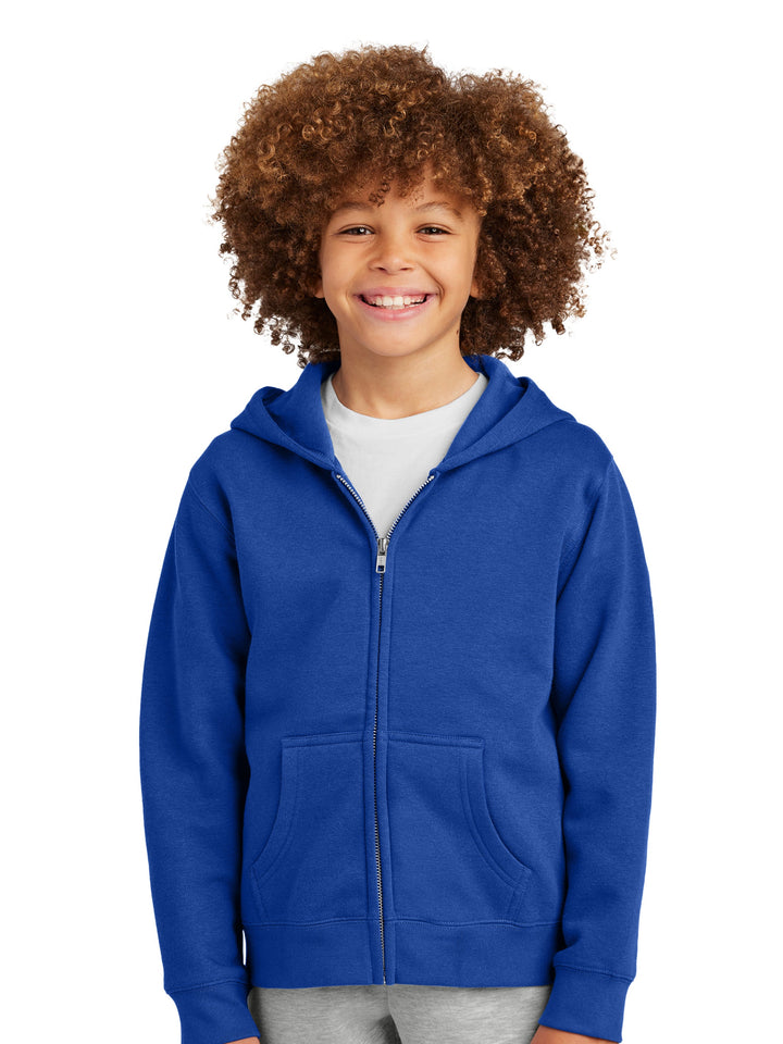 Front view of the District Youth V.I.T Fleece Zip Up Hoodie in royal blue, showcasing a full-zip design, hood, and cozy fleece material for warmth.