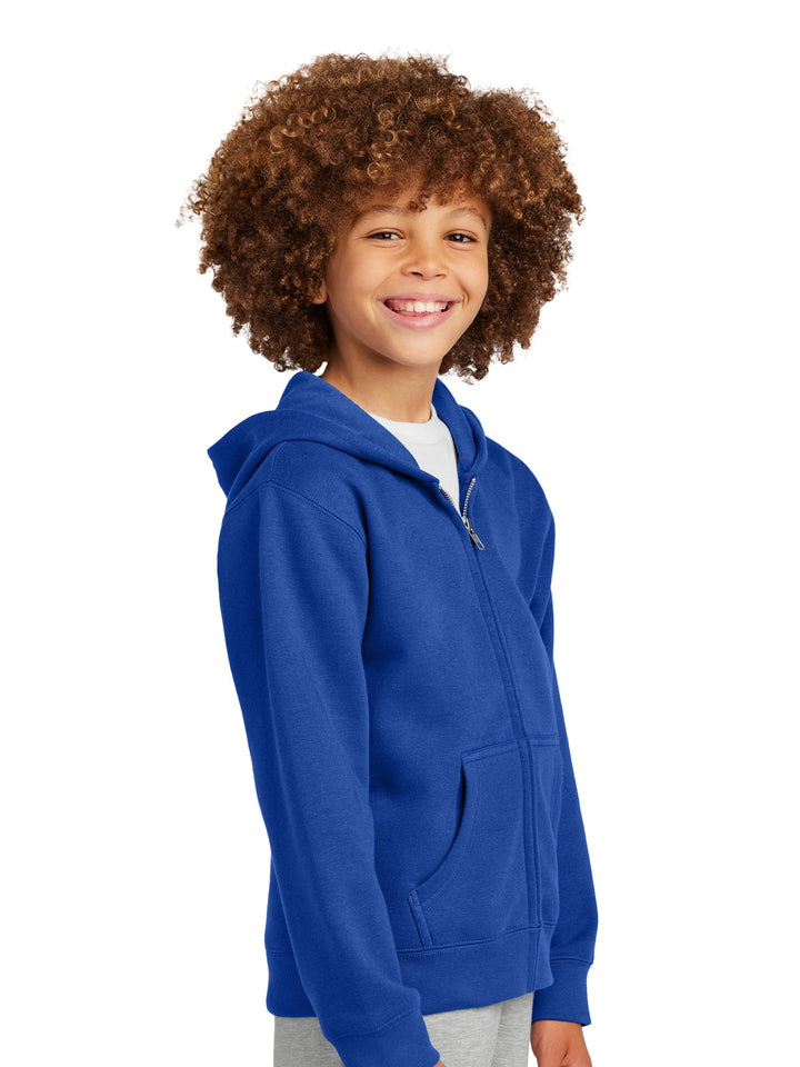 District Youth V.I.T Fleece Zip Up Hoodie in royal blue, featuring a soft fleece fabric, front zipper, and kangaroo pockets for comfort and style.