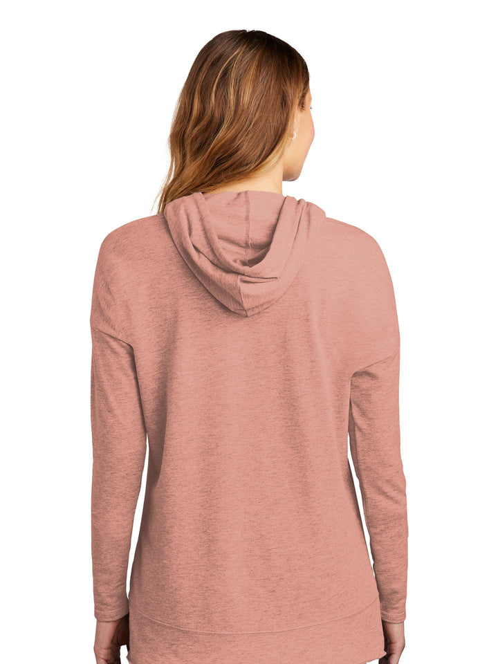 Back view of the Custom District Women's Featherweight French Terry Hoodie in pink, highlighting the hooded design, lightweight fabric, and relaxed silhouette.