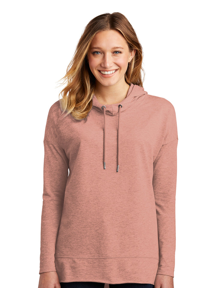 Custom District Women's Featherweight French Terry Hoodie in a soft pink shade, featuring a lightweight design with a relaxed fit and adjustable drawstring hood.