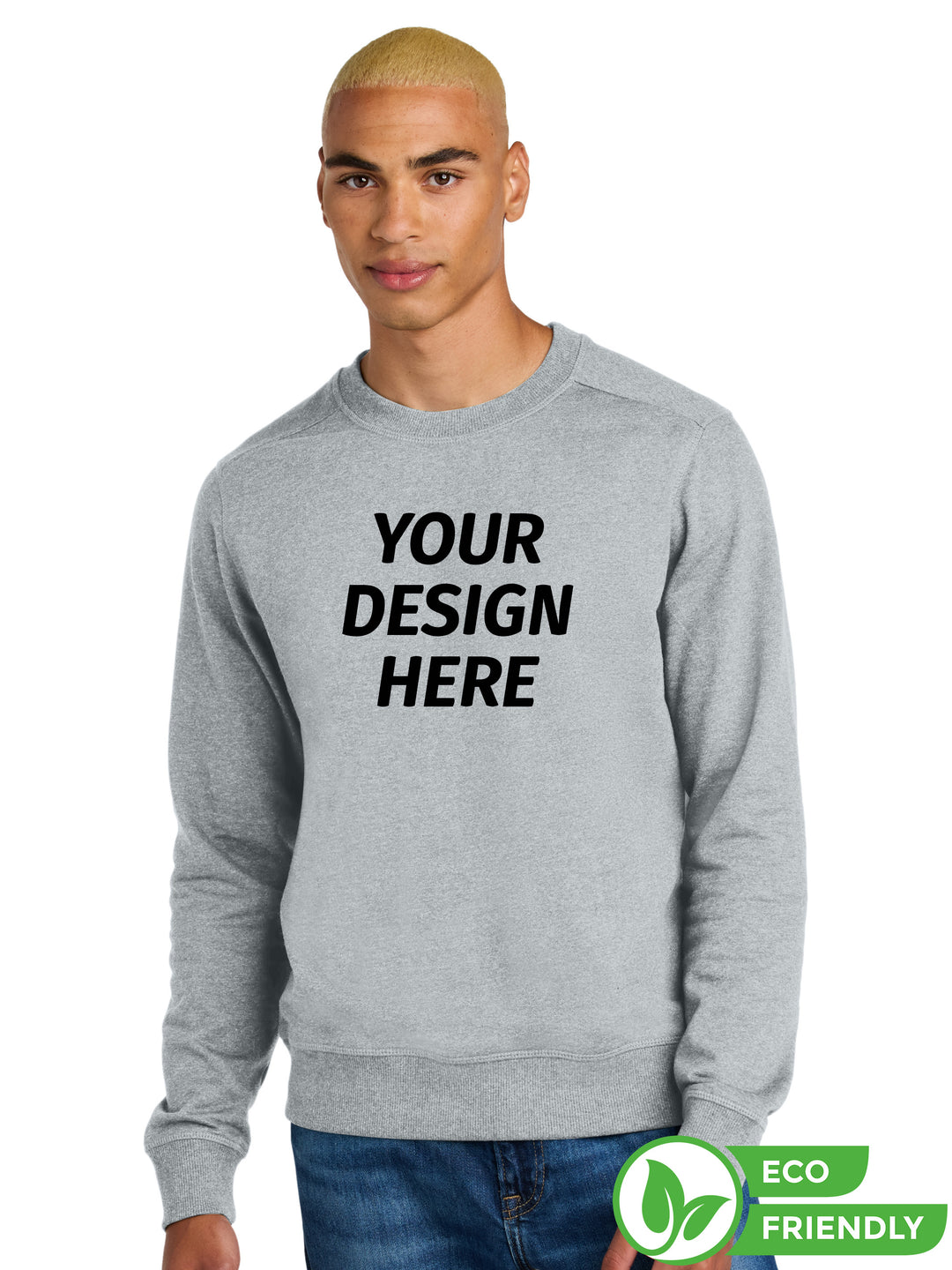 District Re-Fleece Custom Crewneck in light gray with 'Your Design Here' text, made from 100% recycled fabric for an eco-friendly and stylish look.